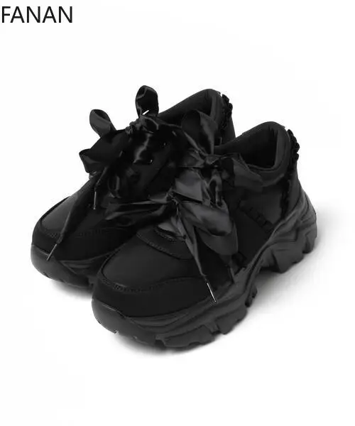 Black Bow Lolita Women's Casual Shoes Flat Shoes Chunky Sneakers Japanese Style High Heel Non-Slip White Shoes Elegant Sweet