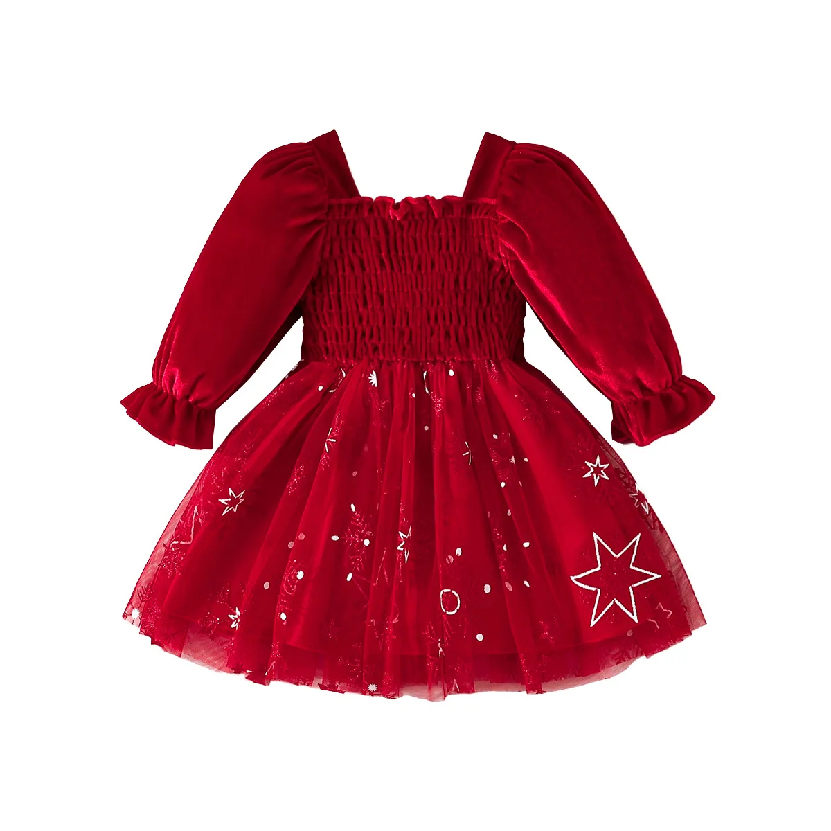 2024 New Autumn/Winter Christmas Dress Top Bubble Sleeve Splicing Mesh Girls\' Dress kids dresses for girls kids clothes,W130