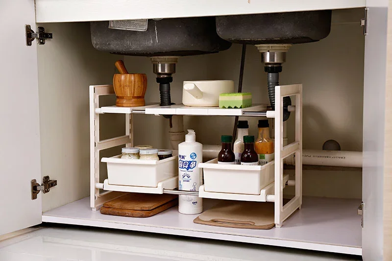 Stainless Steel Bathroom Basket Shelf Kitchen Sink Organizer Under Sink Storage Rack 2 Tier Shelf Unit for Bathroom Kitchen