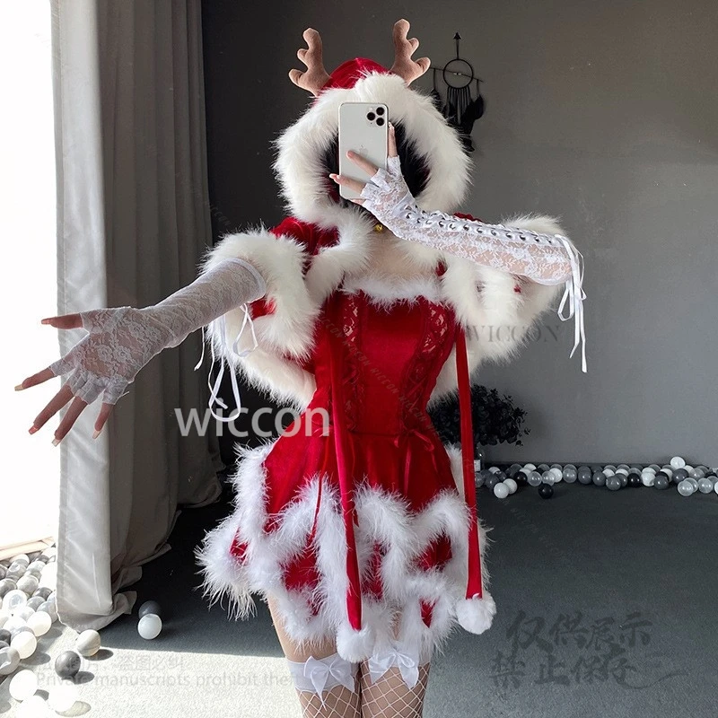 أنيمي عيد الميلاد زي الهالوين التأثيري Kawaii خادمة فستان لوليتا النساء الفتيات كرنفال فستان سهرة بدلة حمراء عباءة قبعة جديد #1