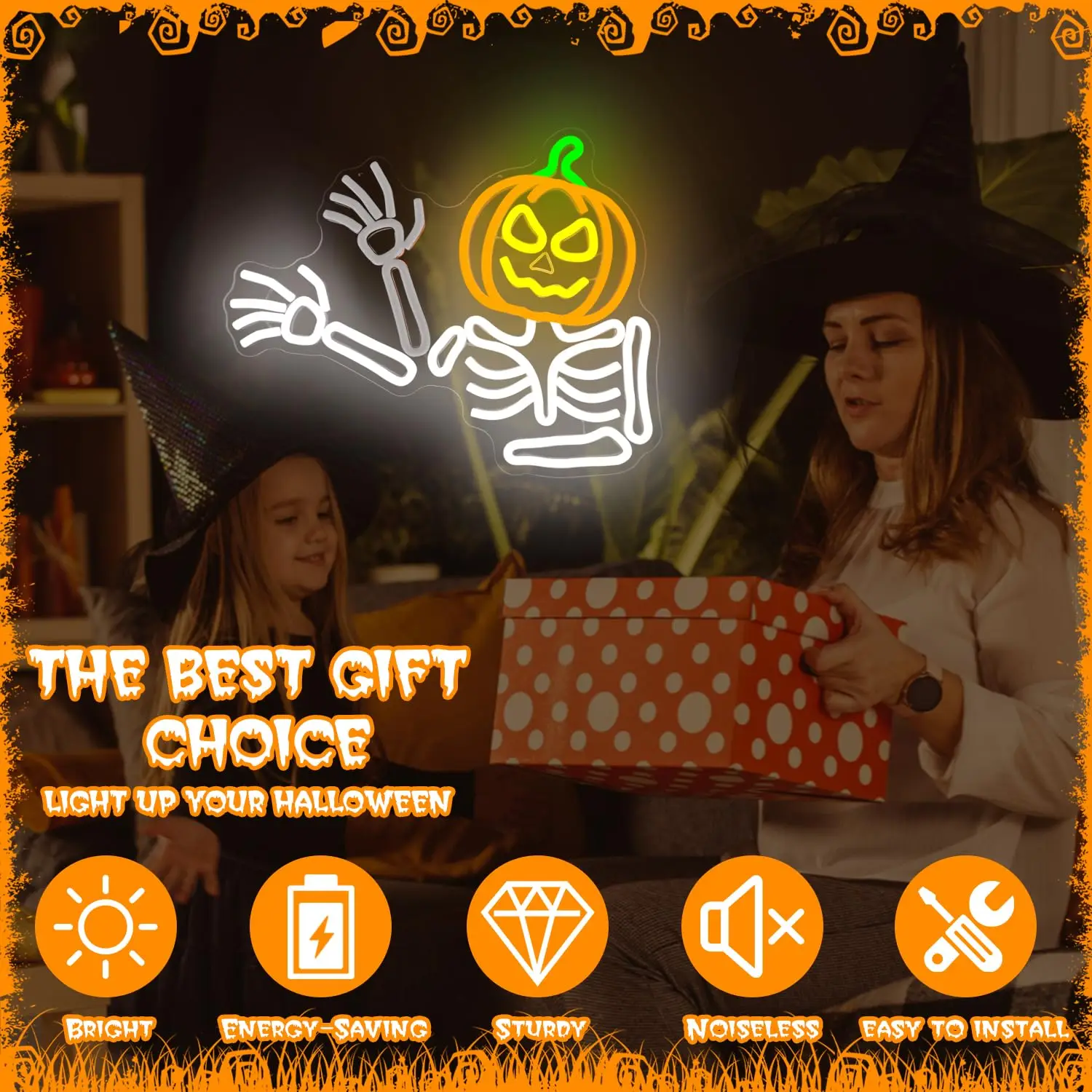 Waving Skeleton Pumpkin Neon Sign Dimmable Skeleton Flashing Neon Sign Wall Decor for Halloween Window Party Game Room