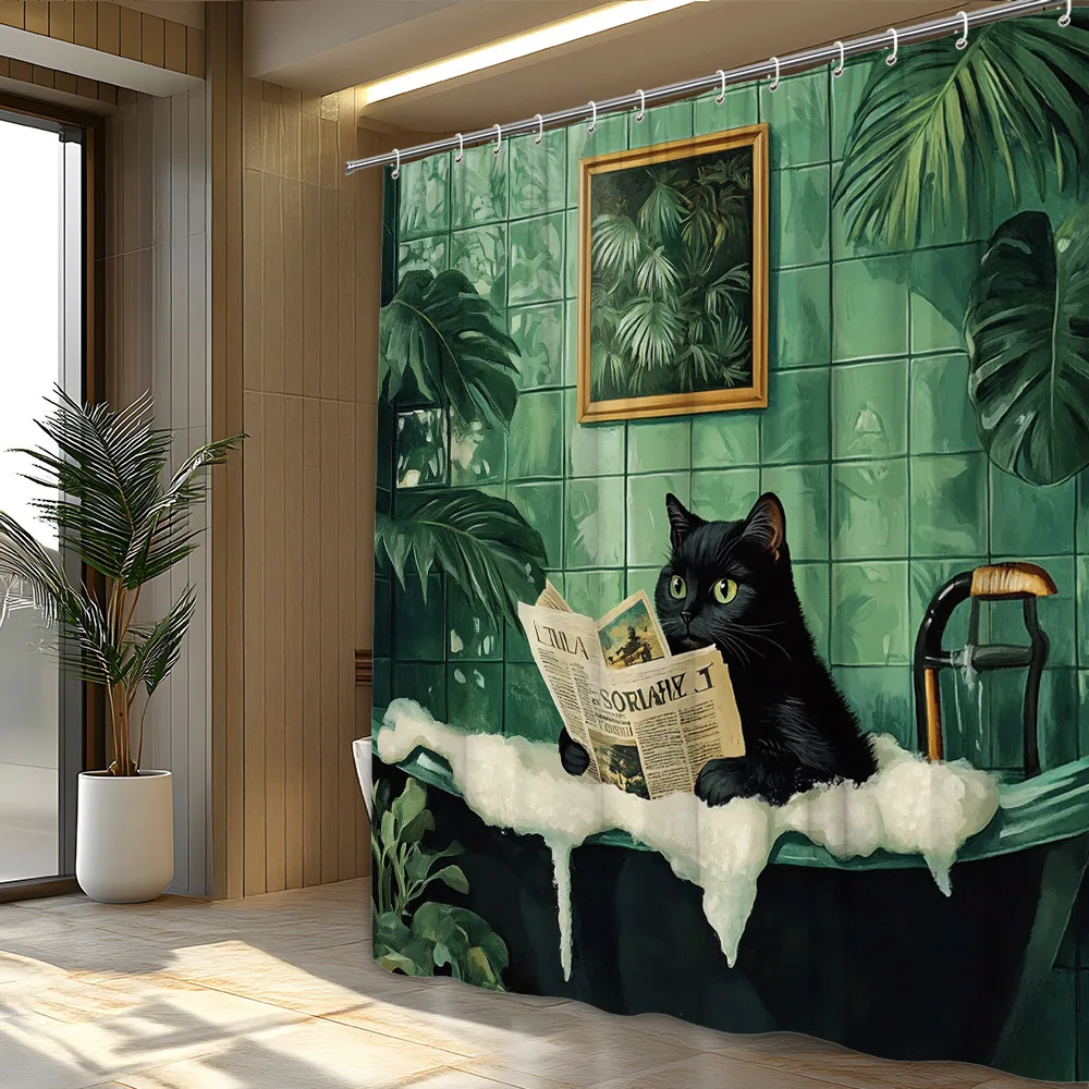1pc a Black Cat in a Green-Tiled Bathroom Reading a Newspaper, Surrounded by Lush Green Plants And a Framed Botanical Print Show