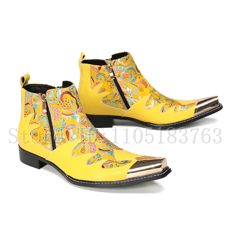 

Men's Yellow Embroidery Pointed Toe Ankle Boots with Metal Toe, Gothic Punk Zip Up Chelsea Boots for Party Stage