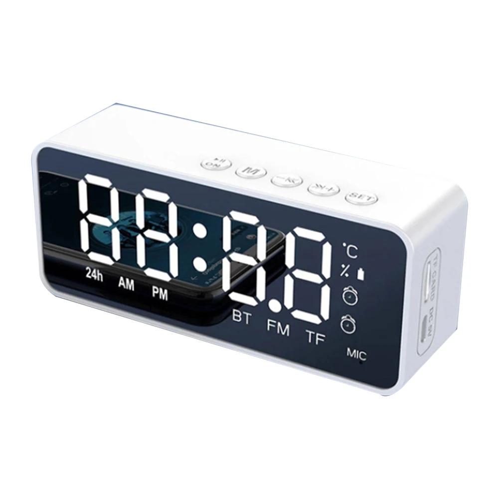 Wireless Bluetooth Speaker FM Radio Sound Box Desktop Alarm Clock Subwoofer Music Player TF Card Bass Speaker(White)