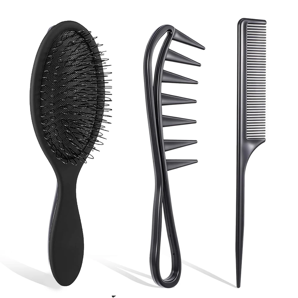 

Набор из 3 щеток для париков: щетка для распутывания из нержавеющей стали, расческа с заостренным кончиком, щетки для ухода за синтетическими портативными париками