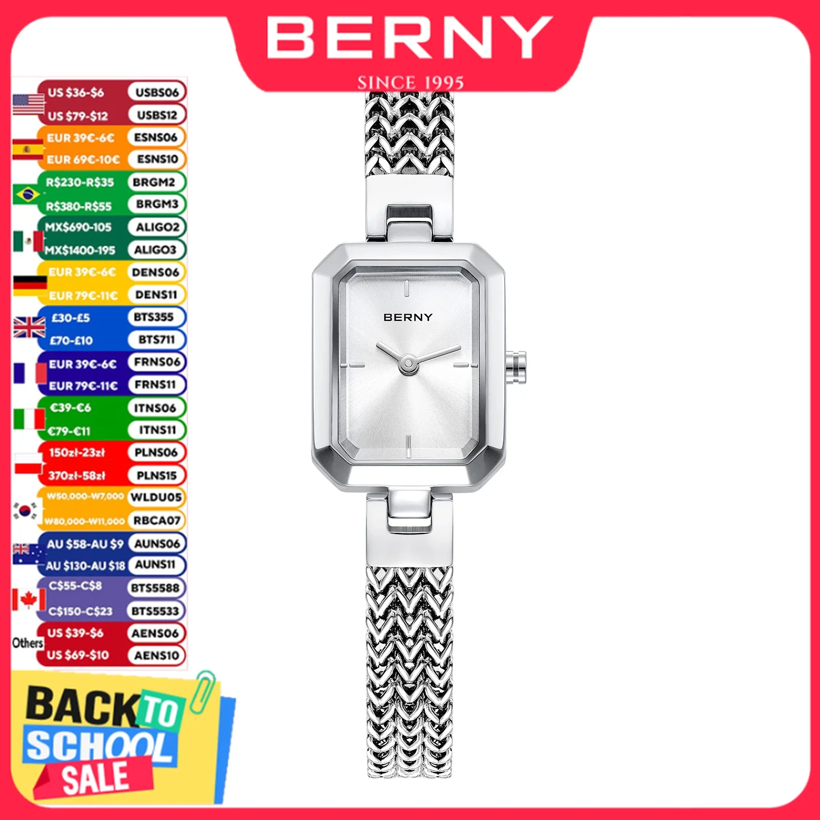 BERNY Square Women Watch Luxury Fashion Quartz Watches Minimalist Rectangle Mini Dial Top Stainless Steel Jewelry Women's Watch
