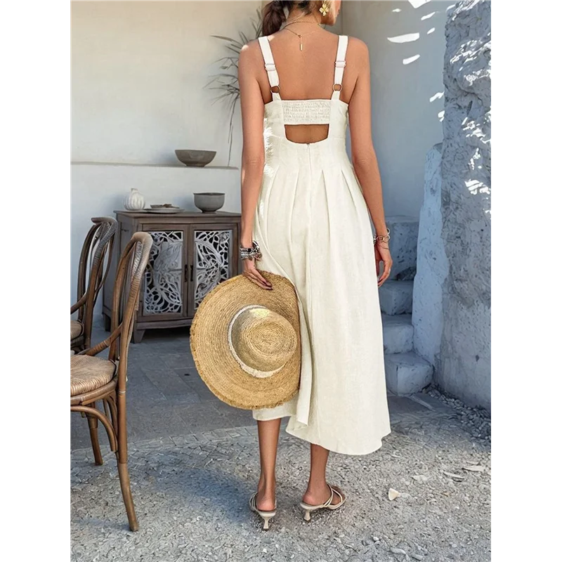 【SEE】 فستان نسائي بربطة أمامية وأزرار سفلية على شكل حرف A فستان صيفي بحزام سباغيتي متوسط الطول بطبعات زهور