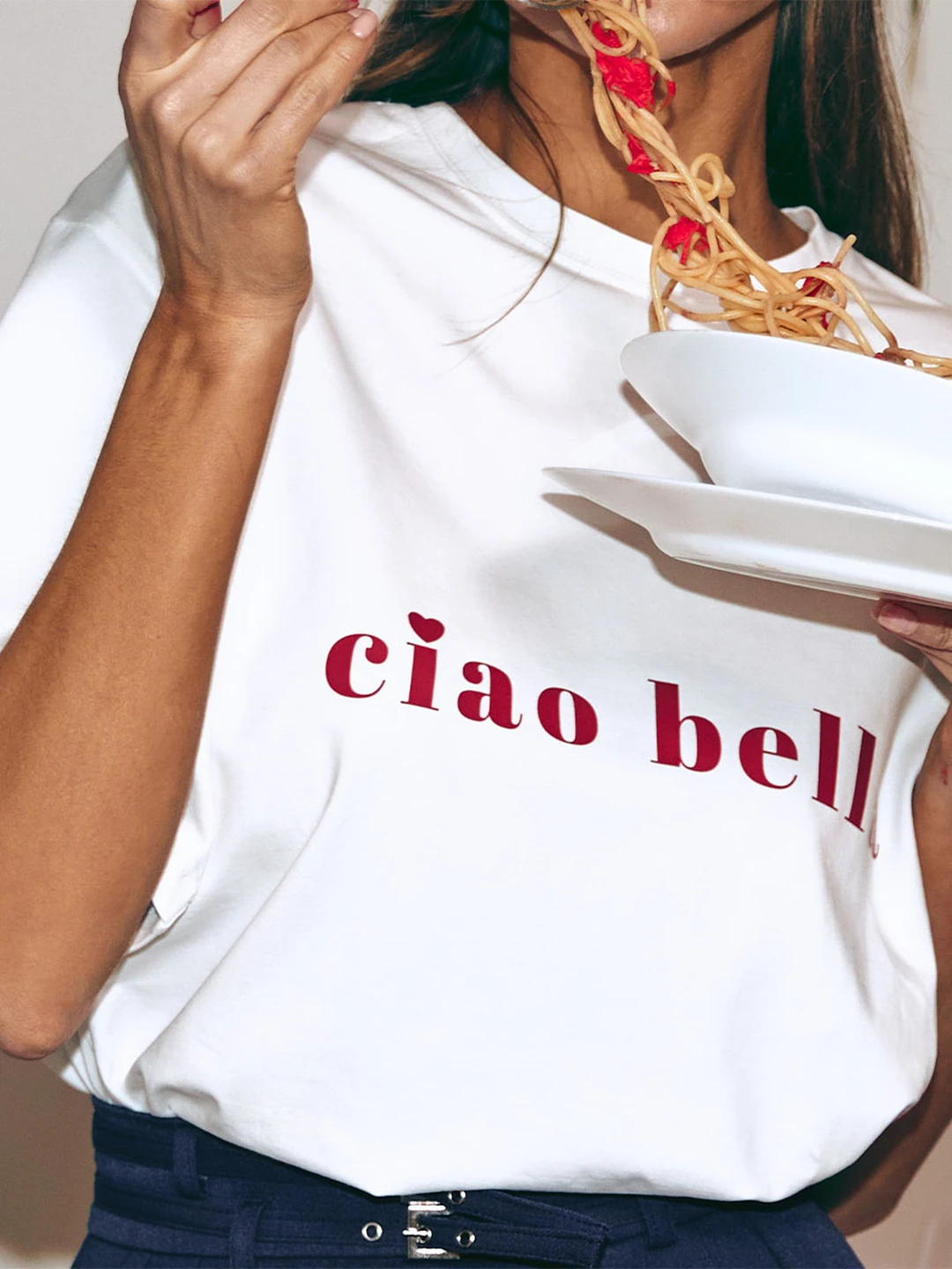 2026 Oversized White T-Shirt with Ciao Bella Print Funny Boutique Shirt Women's Fashion Tee Summer  Casual O-Neck Drop Sleeve