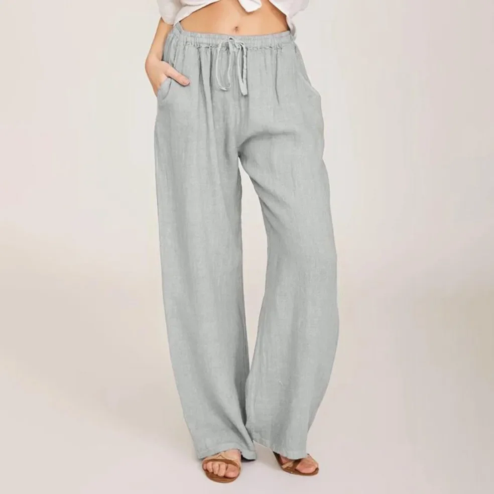 Pantalon droit en coton et lin pour femmes, décontracté, élastique, à lacets, long, taille haute, jambes larges