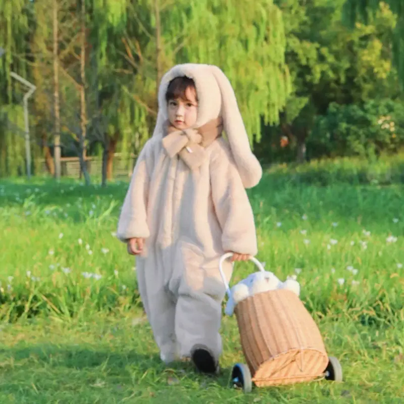 Lovely Baby Girls Romper Jumpsuits Cartoon Long-Eared Rabbit Winter Thicken Children\'s Clothing Festival Party Outfit Baby