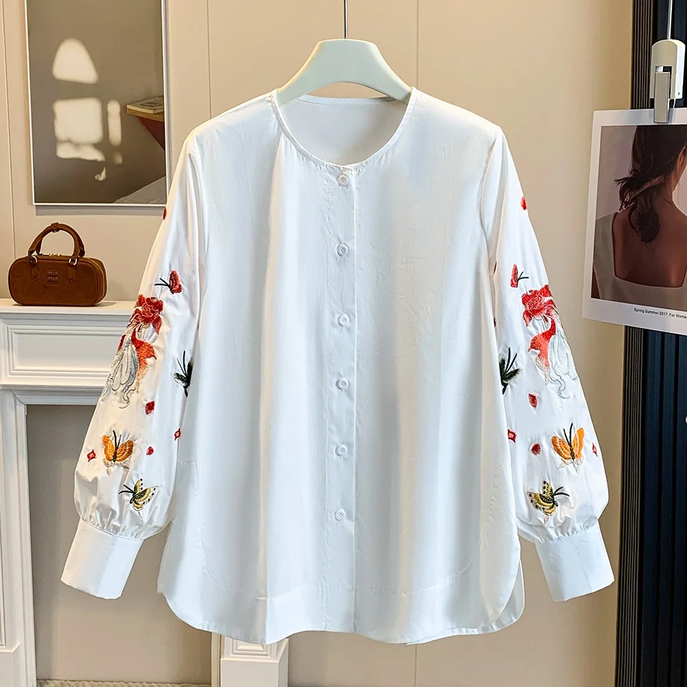 

New Chinese Style Heavy Embroidery Lantern Sleeve Shirt Women Summer round Neck Single Button Loose Slimming Personality Top