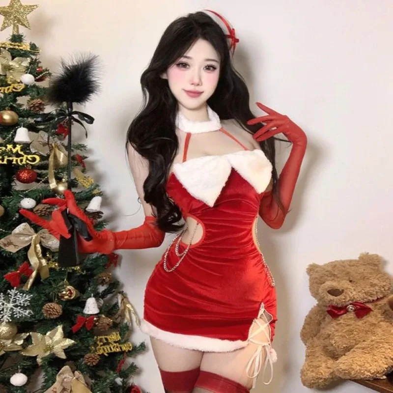 คริสต์มาสเชือกแขวนคอเว้าหลังกำมะหยี่ตุ๊กตาชุดมินิสีแดงปีใหม่เครื่องแต่งกายคอสเพลย์คริสต์มาสชุดนอนสาวน่ารักชุด