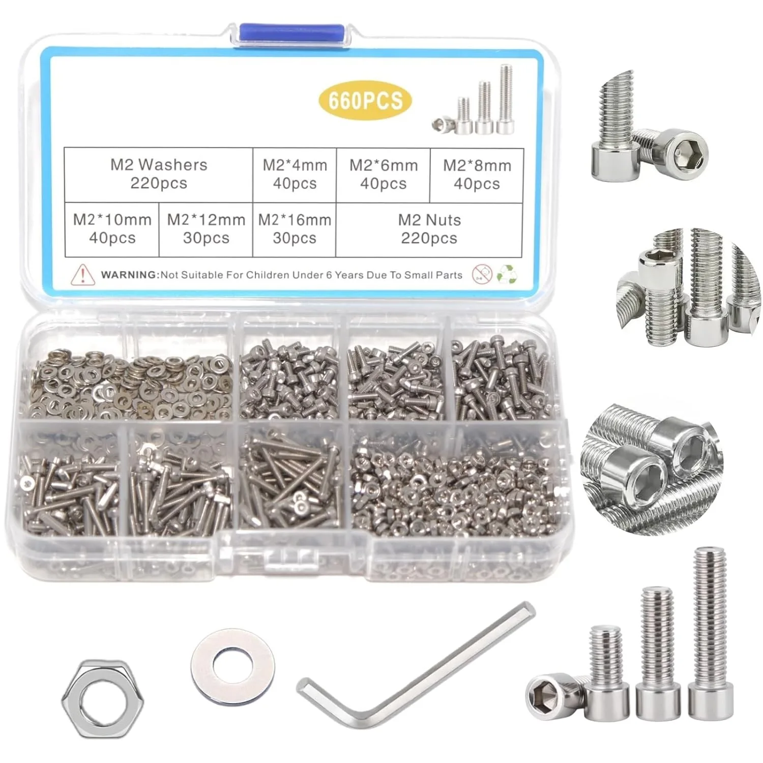 660Pcs M2 Metric 304 Stainless Steel Hex Socket Screw Nut And Washer Assortment Kit