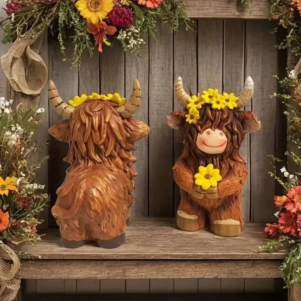 

Home Decor Resin Highland Cow Statue Cute Realistic Cow Figurine Decorative Animal Sculpture Ornament Micro Landscape Model