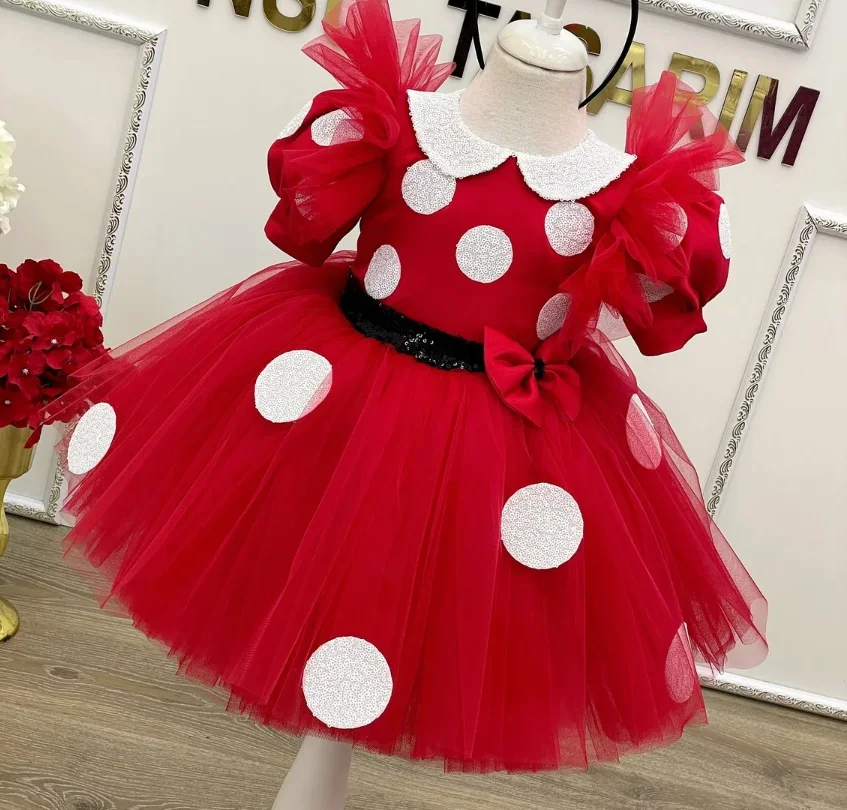 Cute Red Baby Girl Birthday Dresses with Sequined Bow Layers Tulle Flower Girl Dress Toddler Kids Puffy Sleeve Tutu Outfit