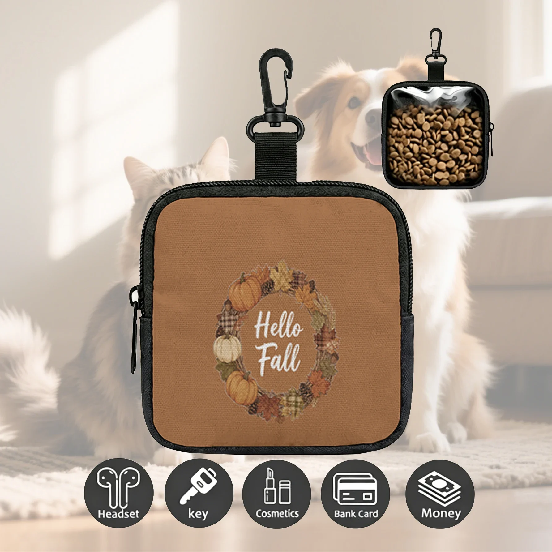 Hello Fall Pumpkin Wreath Print Mini Zipper Pouch With Carabiner, Portable Storage Bag For Pet Treats Earphone Coin