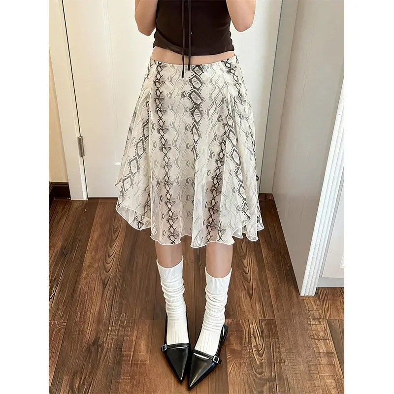 Snake Print A-Line Skirt Women - High Waist Mesh Overlay Midi Skirt, Y2K Asymmetrical Hem Casual Bottom, Spring Summer Versatile