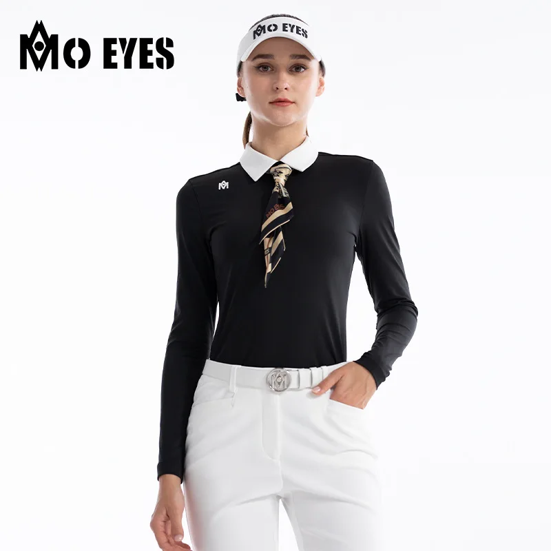 Golf Clothing Women's Long Sleeved T-shirt with Silk Scarf and Elastic Base for Autumn and Winter, Sporty and Elegant