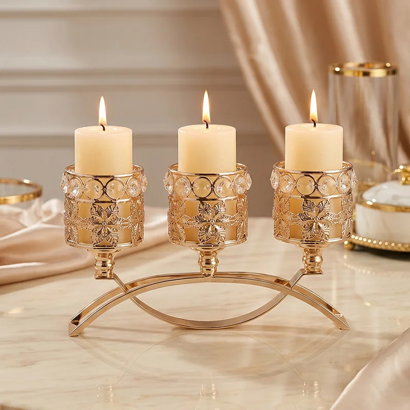 3‑Arm Gold Crystal Candle Holder European Metal Candelabra Wedding Table Centerpiece Home Decor Dinner Party Ornament