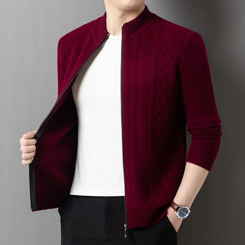 100% Sheep Wool Cardigan Men 2025 Winter Thick Sweater Coat Fashion Long Sleeve Zipper Knitwear Pure Wool Knit Clothes