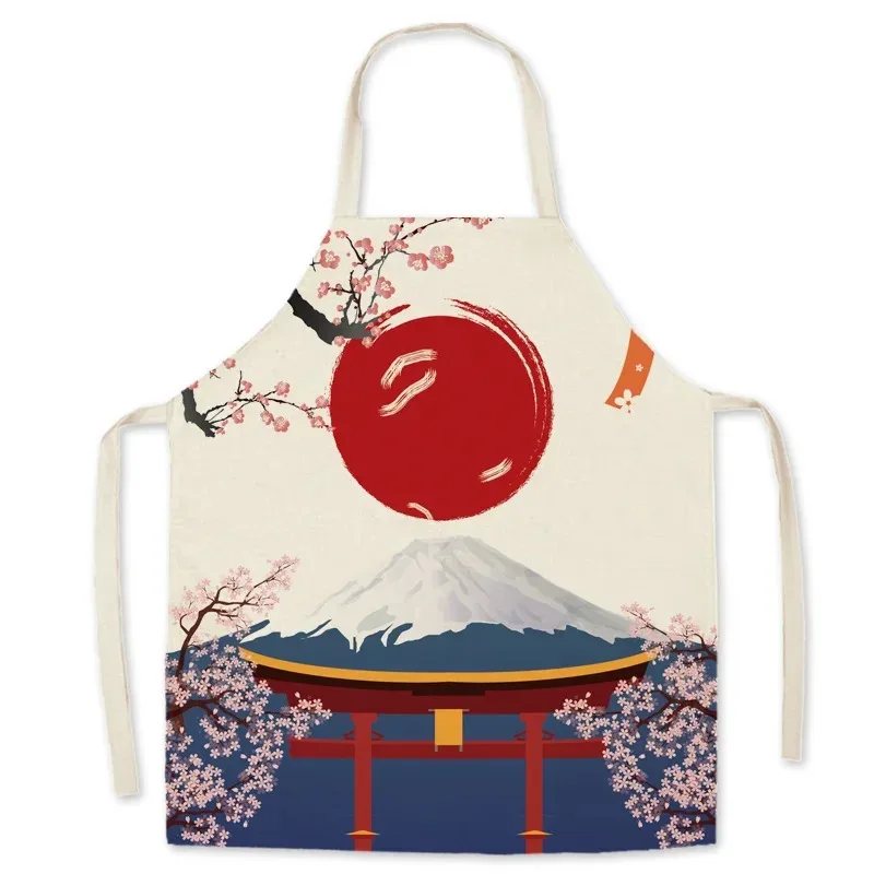 Japanese style Ukiyo pattern decorative sleeveless apron cotton and linen kitchen apron women\'s home cooking baking bib