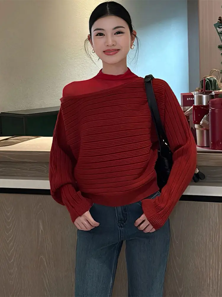 

Korean Sle One oulder Striped Knit Sweater Women's Loose Slimming Inner Wear Top Trendy Casual Long Sve round Ne