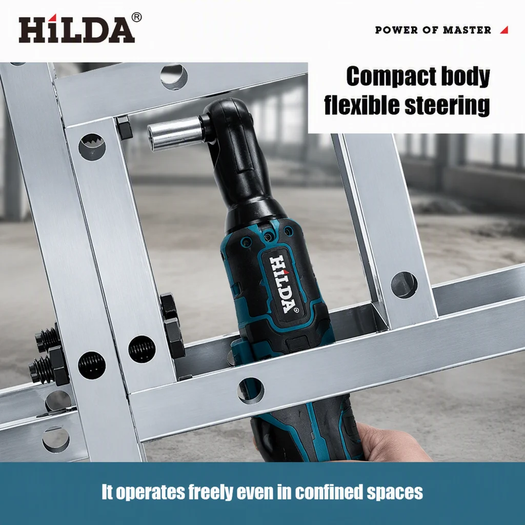 HILDA Cordless Ratchet Wrench 3/8 Inch 105N·M Brushless Electric Right‑Angle Wrench Power Tool For Auto Mechanic Repair