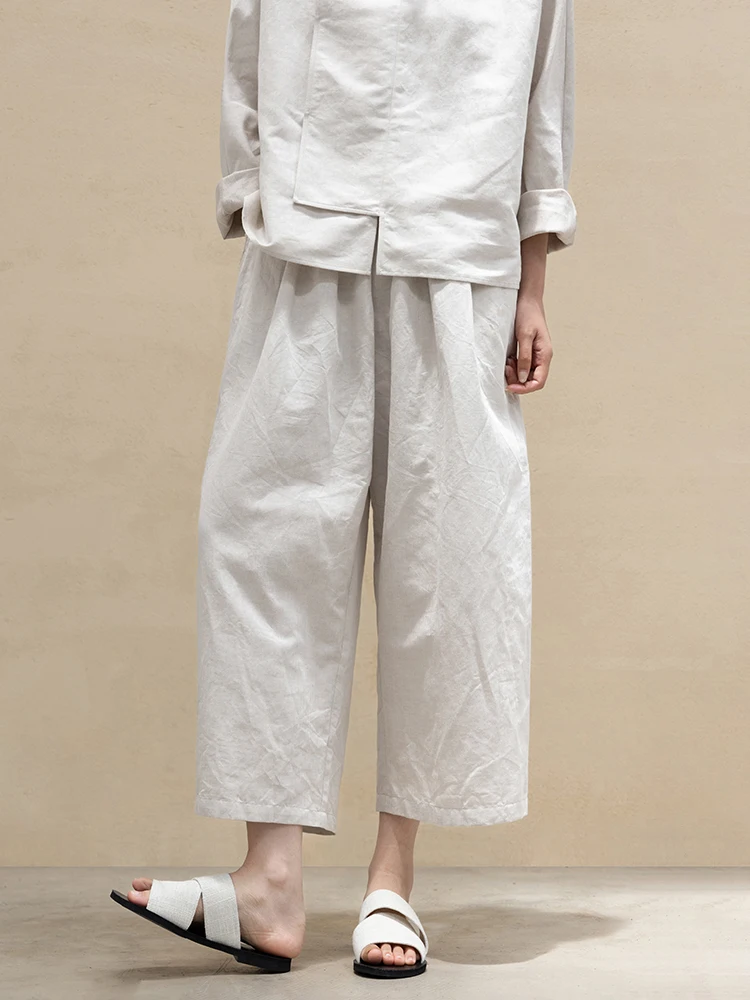 

New Le Collection Mixed Linen Cotton Elastic Waist Carrot Pants Simple Design Artistic Sle Casual Trousers for Women