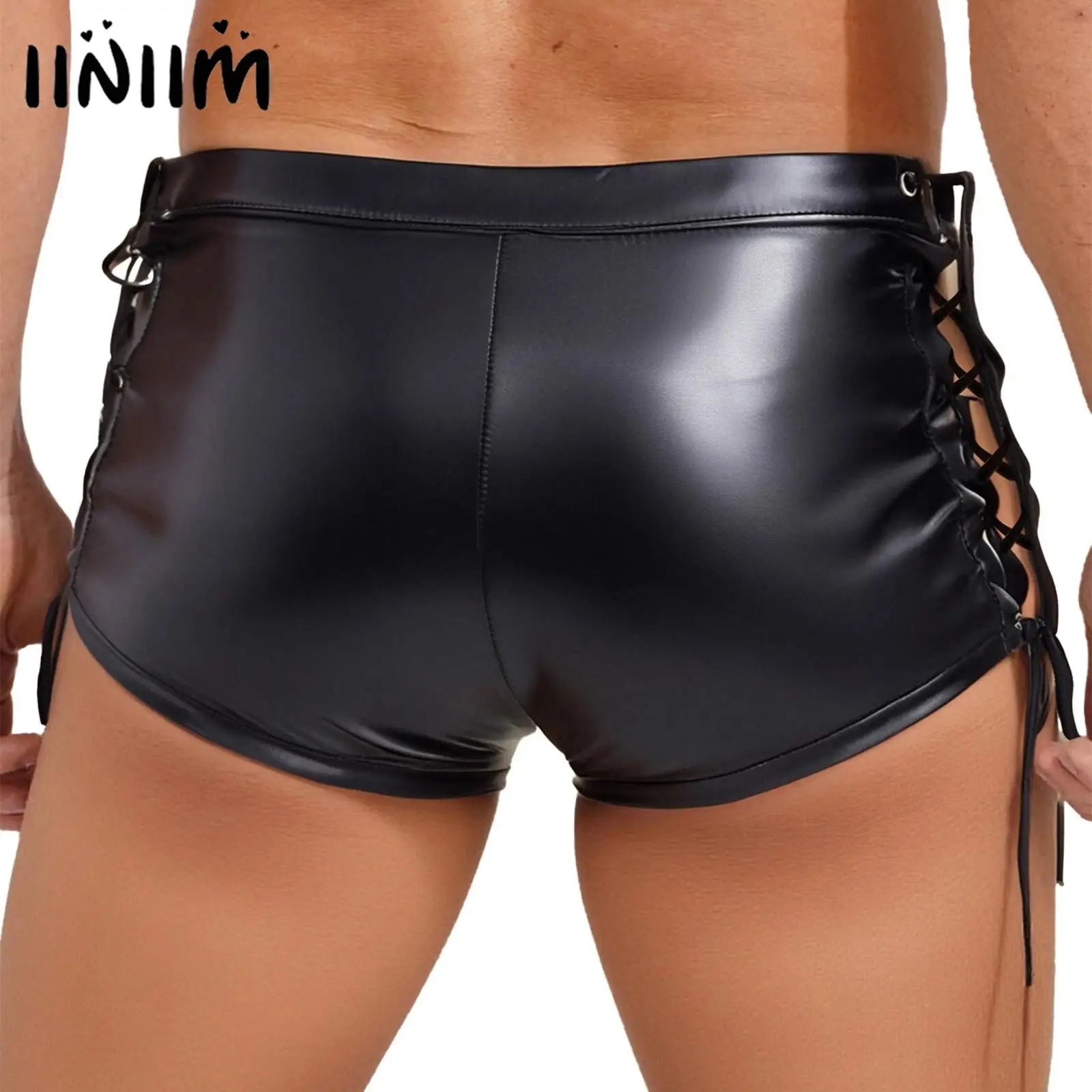 

Mens Rivets Latex Shorts Both Sides Lace-up Star Openable Pouch with Buttons Hot Pants Gothic PU Leather Boxer Shorts Clubwear