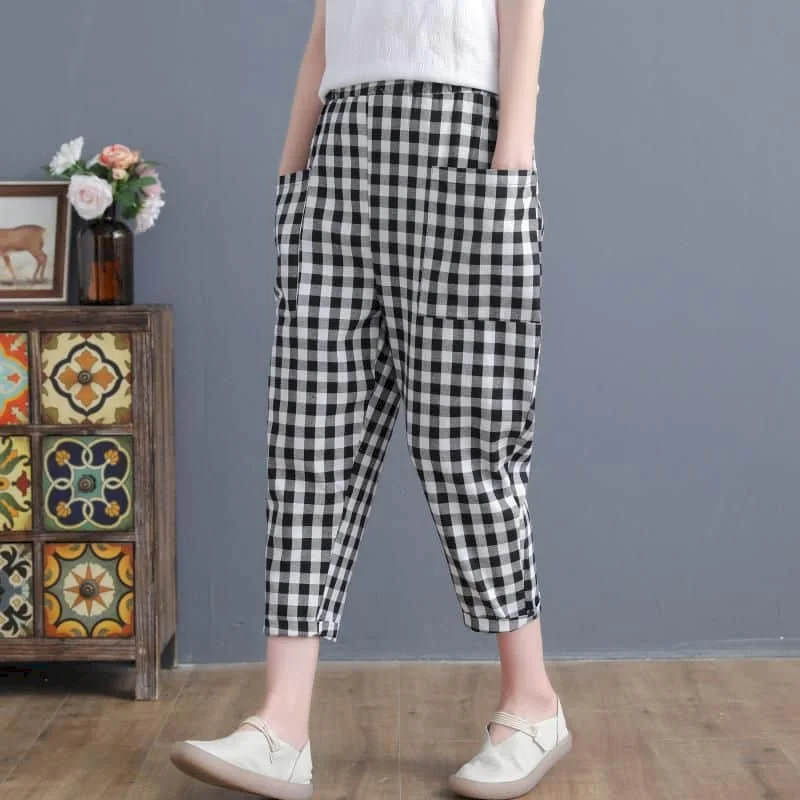 

Cotton Pants for Women Plaid Loose Casual Vintage Summer Thin New Korean Style Literary Elastic Waisted Harem Trousers Women