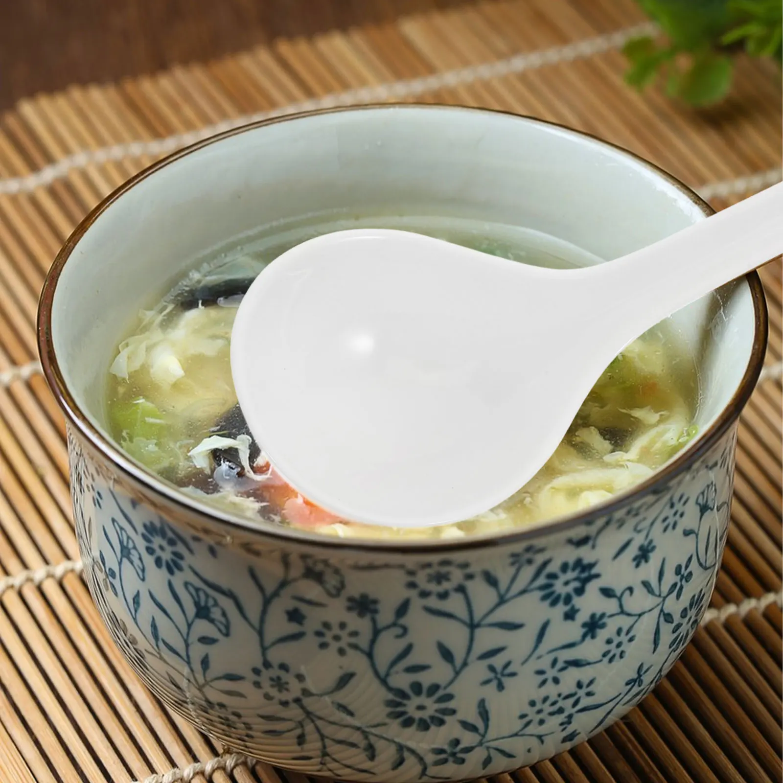 

Asian Soup Ladle Large Bone China Ceramic Spoon Steel Wrapped Handle for Ramen Pho Wonton Microwave Dishwasher Safe