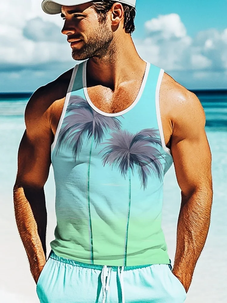 

Летняя мужская пляжная майка с 3D принтом пальмы, гавайская повседневная футболка для отдыха на берегу моря, мужская футболка без рукавов для бега на открытом воздухе
