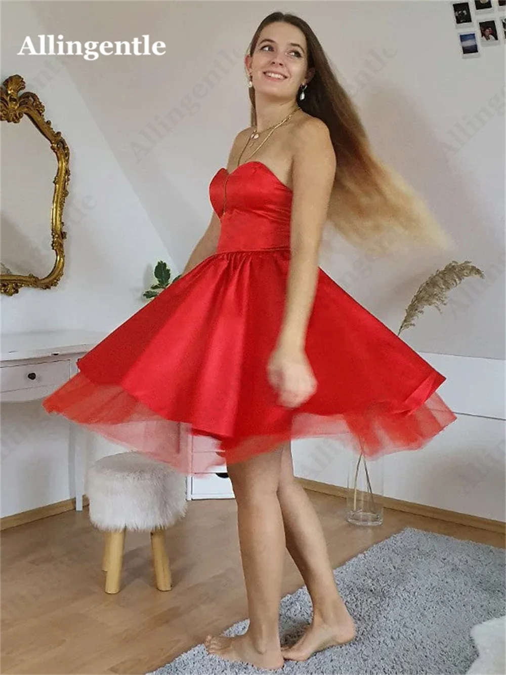 Allingentle Charmante Rode Strapless Satijnen Homecoming Jurken Sweetheart Mini-Jurk Een Line Veters Galajurk Robe De Soirée