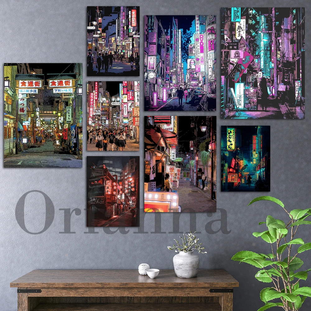 Tokyo Temple At Night Travel Poster Anime Painting Tokyo Shinjuku Kabukicho At Night Art Print Japanese Wall Art Decor Canvas