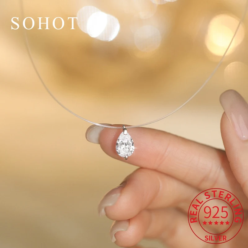 

Real 925 Sterling Silver Fishing Line Trendy Zircon Pendant Choker Necklace for Charm Women Minimalist Fine Jewelry Accessories