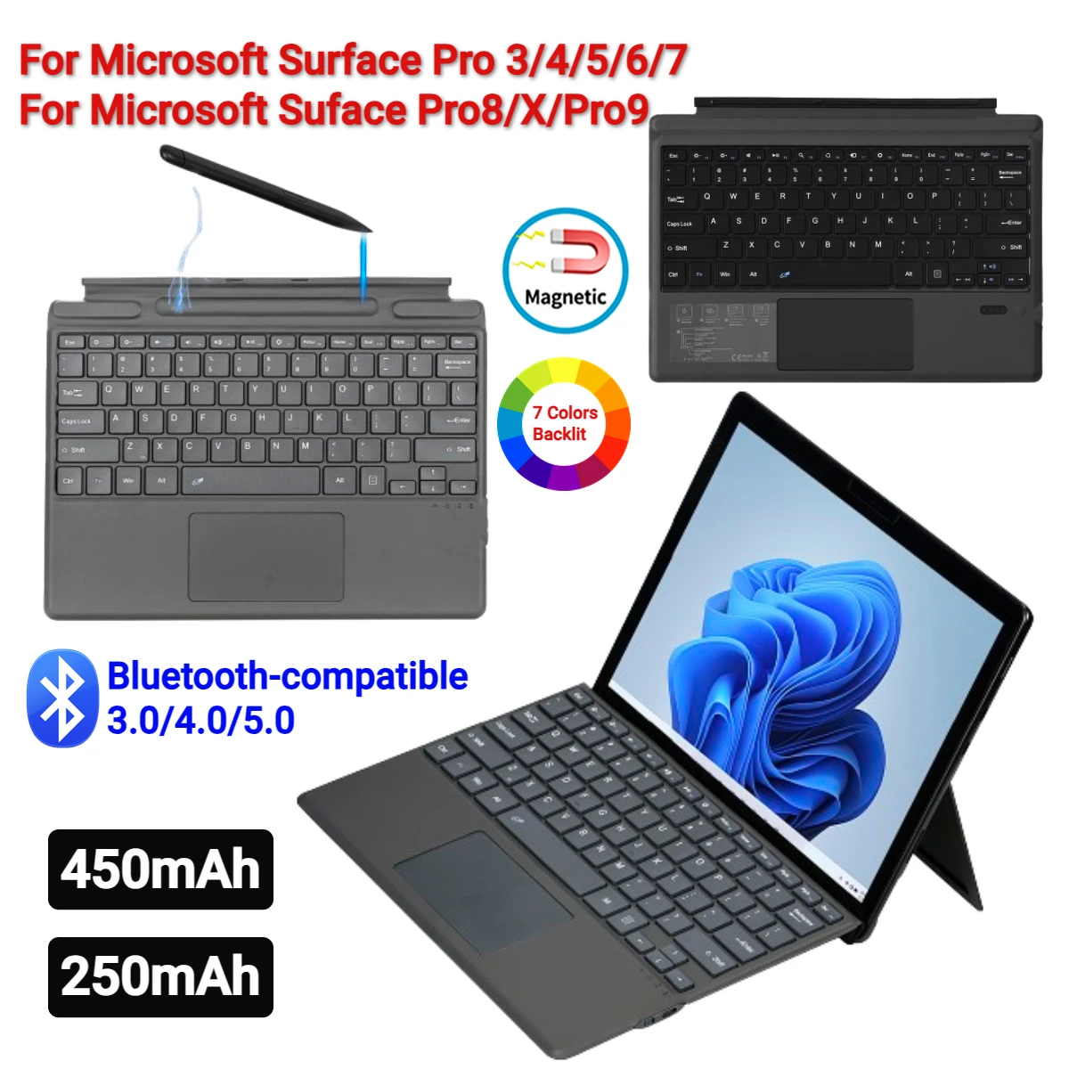 Backlit Wireless Bluetooth-compatible 5.0 Keyboard For Microsoft Surface Pro8/X/Pro9 Wireless Keyboard for Surface Pro 3/4/5/6/7