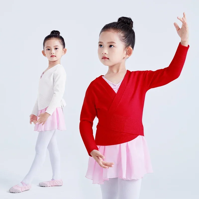 Nieuwe Winter Herfst Warme Lange Mouw Heupgordel Trui Kind Meisjes Kids Ballet Dance Wrap Cross Tops