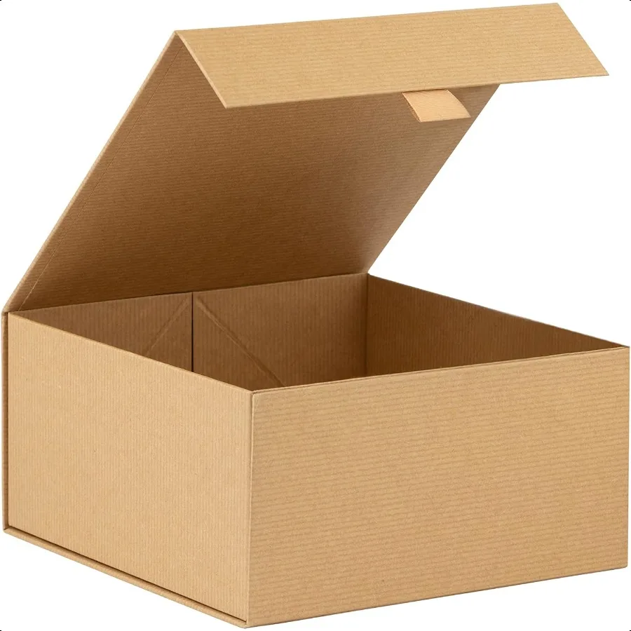 

1 Pack Brown Kraft Ribbed Hard Gift Box With Magnetic Closure Lid 8x8x4 Square Favor Boxes With Classy Ribbed Paper Finish