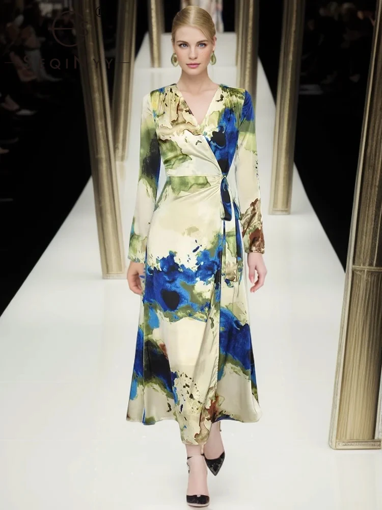 

SEQINYY Elegant Wrap Dress Midi Summer Spring New Fashion Design Women Runway High Street Vintage Print Casual Belt V-Neck