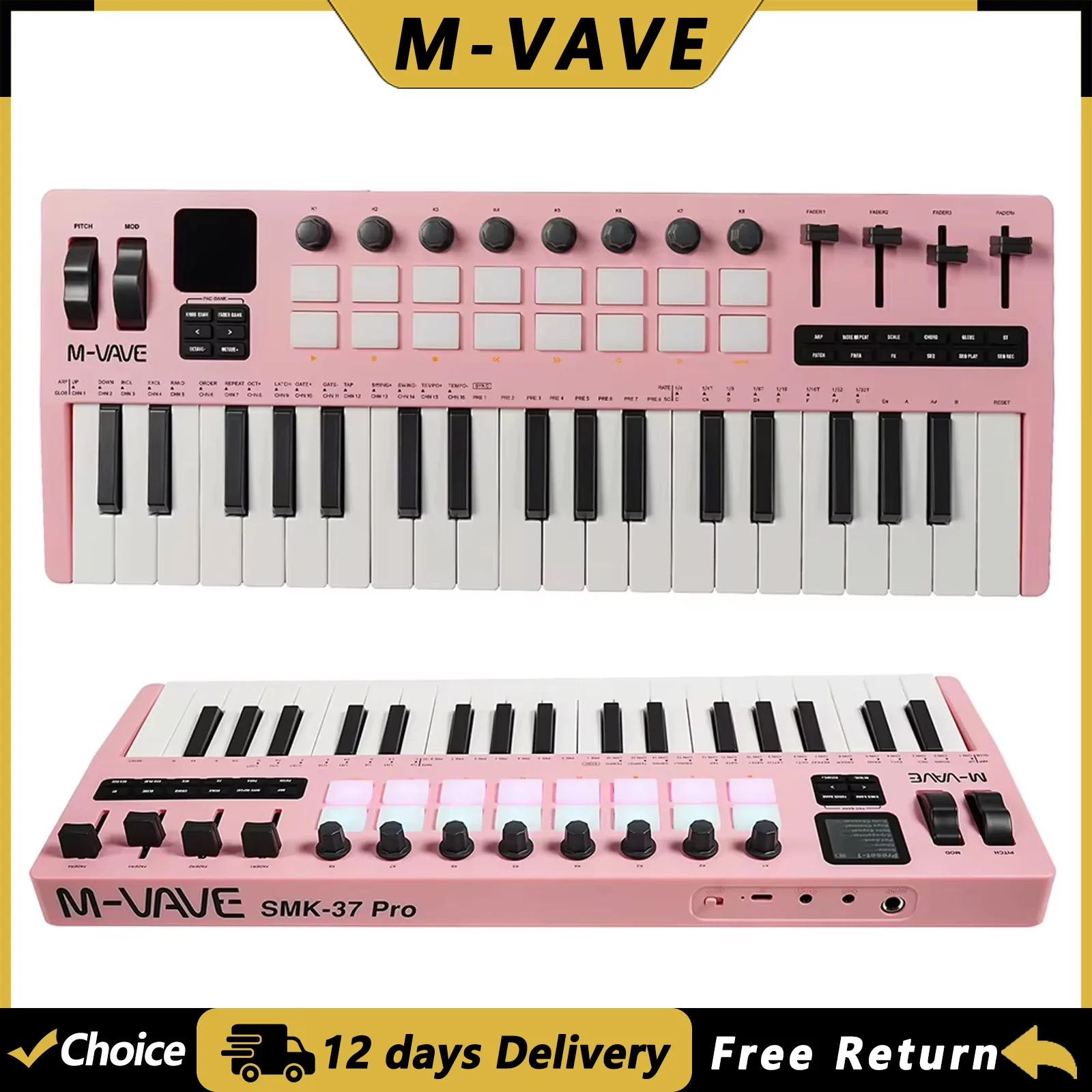M-VAVE SMK-37 PRO 37 Key MIDI Keyboard Supports Wireless Connection to Multiple Systems 16 Drum Pads Sound Source Color Keyboard