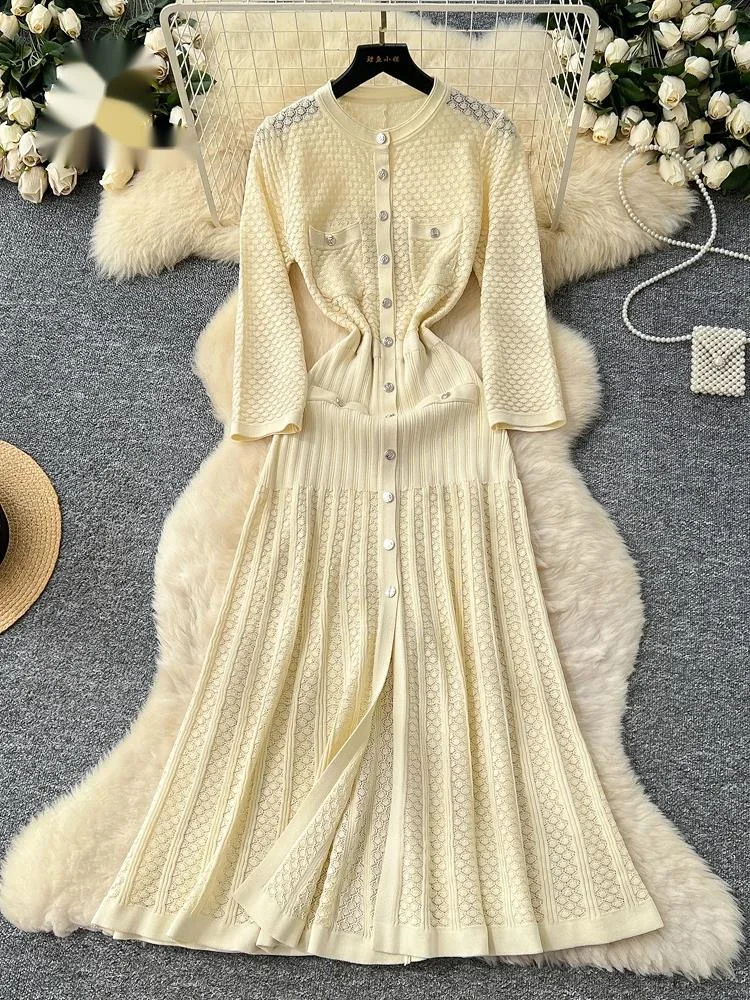 

Американское офисное женское вязаное платье с длинными рукавами, однобортное, осеннее, роскошное, ажурное, плиссированное, длинное платье