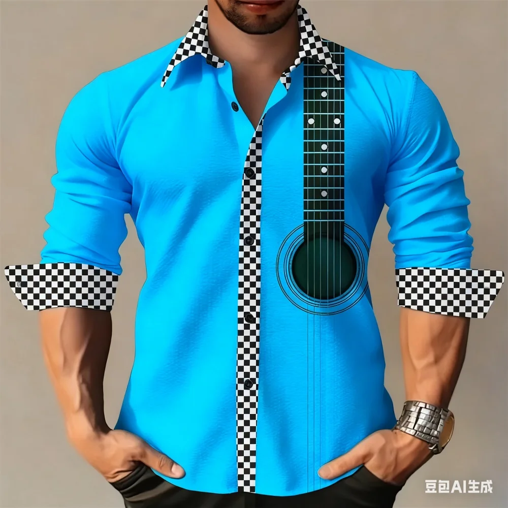 Men's Spring Autumn Long Sleeve Music Print Shirt Casual High Quality Collar Button up for Party Wedding Streetwear