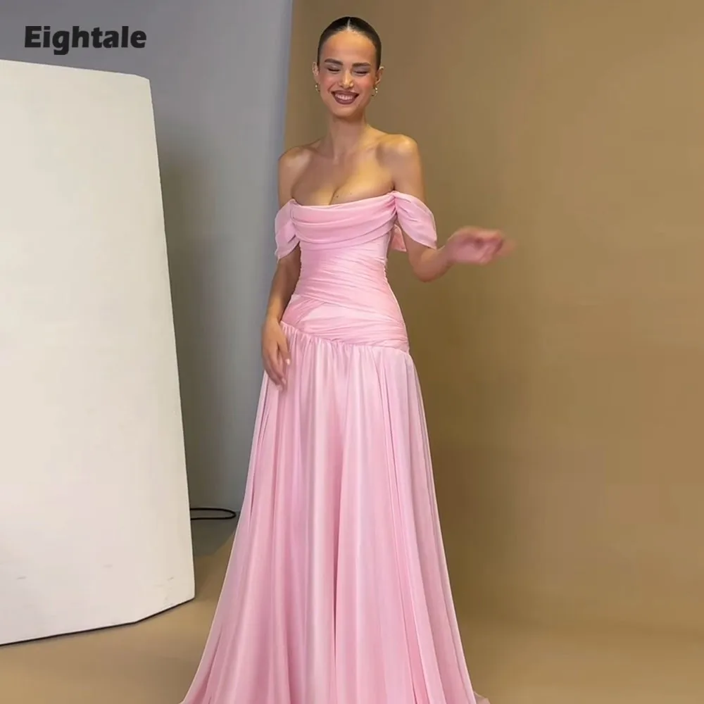 

Eightale Arabic Evening Dress Off the Shoulder Customized A-Line Pleats Chiffon Pink Celebrity Prom Wedding Party Gown