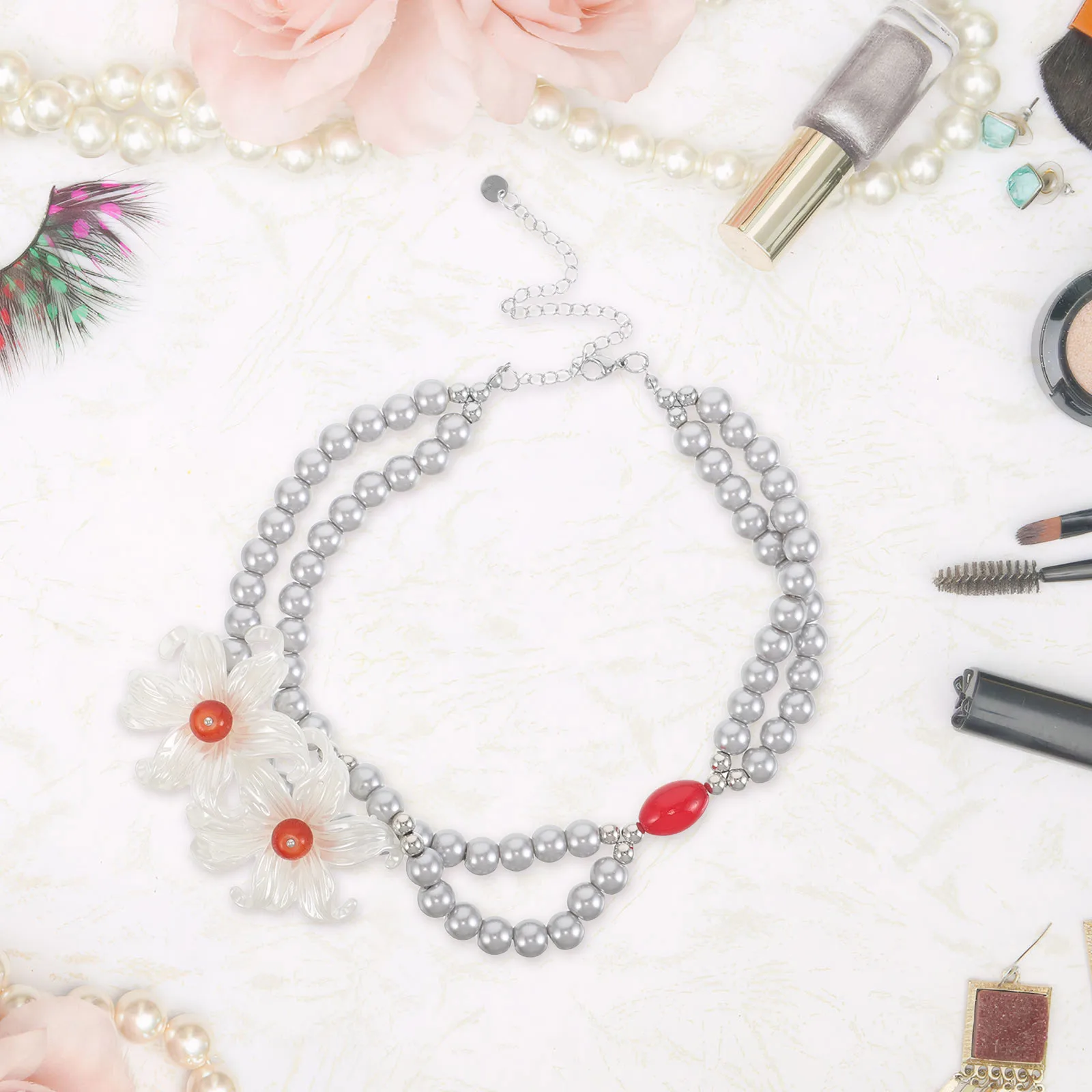 Retro Vintage French Imitation Pearl Necklace Double Layer Floral Bead Women Clavicle Chain Bridal Wedding Jewelry For Party