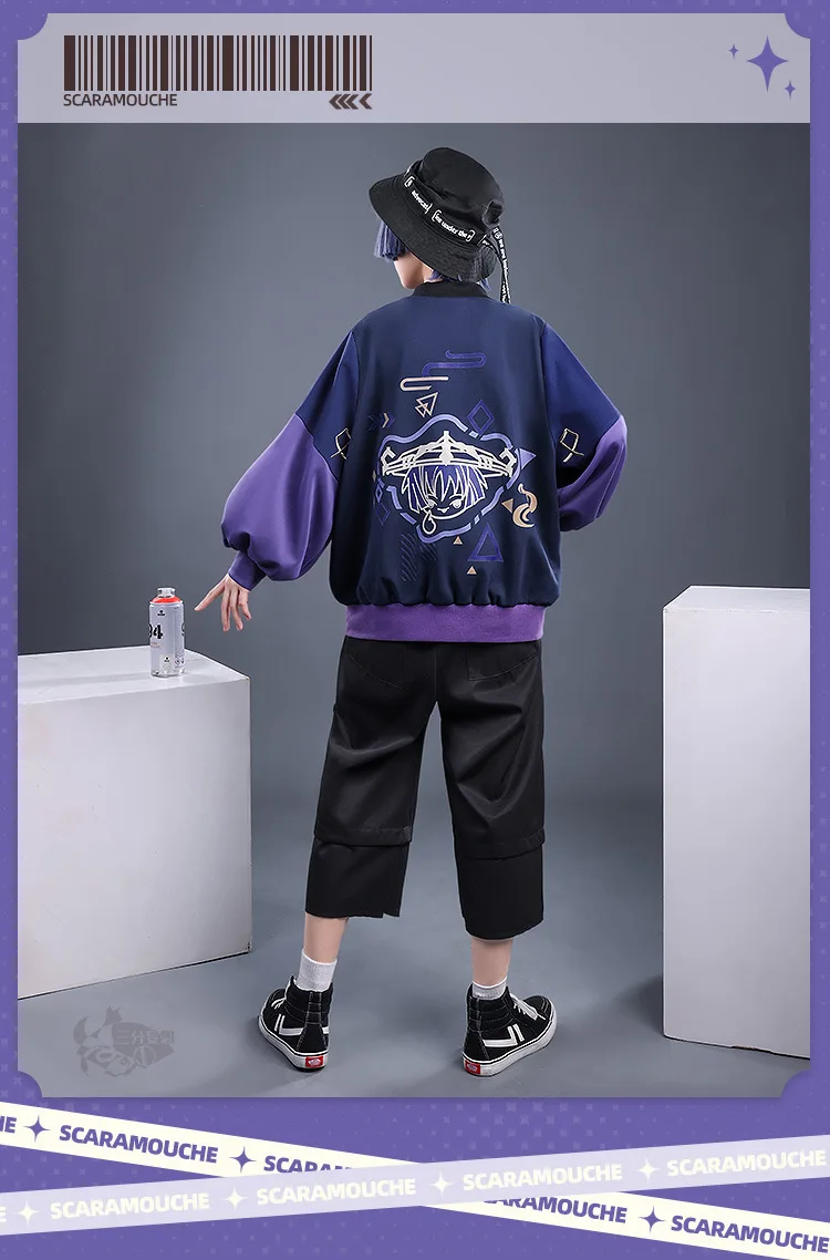 Genshin Impact Zipper Jacket Hoodies Anime Scaramouche Cosplay Pullover Patchwork Bomber Coat Sportswear Tracksuit Clothes