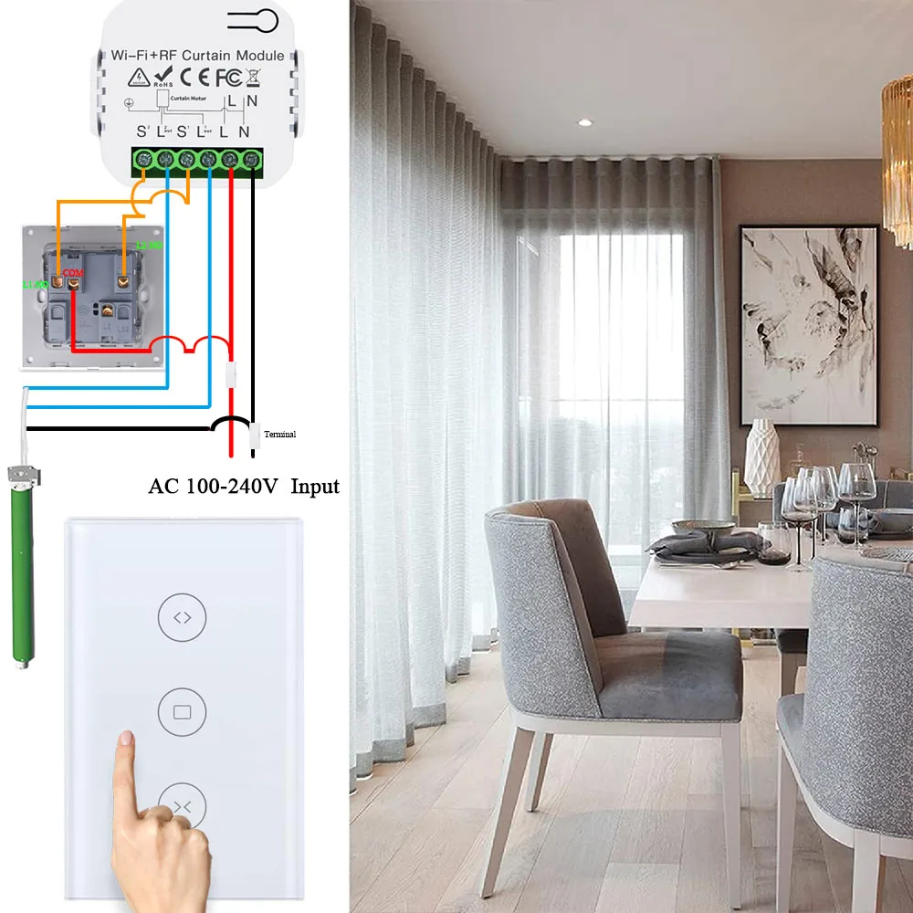 WiFi and Rf Smart Curtain Switch,Tuya Roller Shutter Blinds Module,Electric Curtain Opener,compatible with Alexa,Google 110 220V