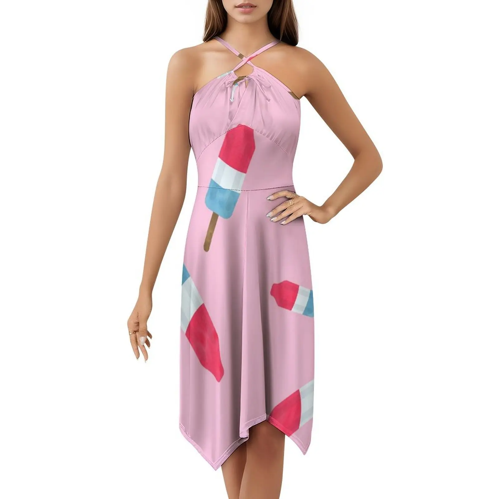 Popsicles-Modello retrò-(Sfondo rosa) Abito con scollo a cuore Elegante abito da festa estivo per le donne Gelato ghiacciolo
