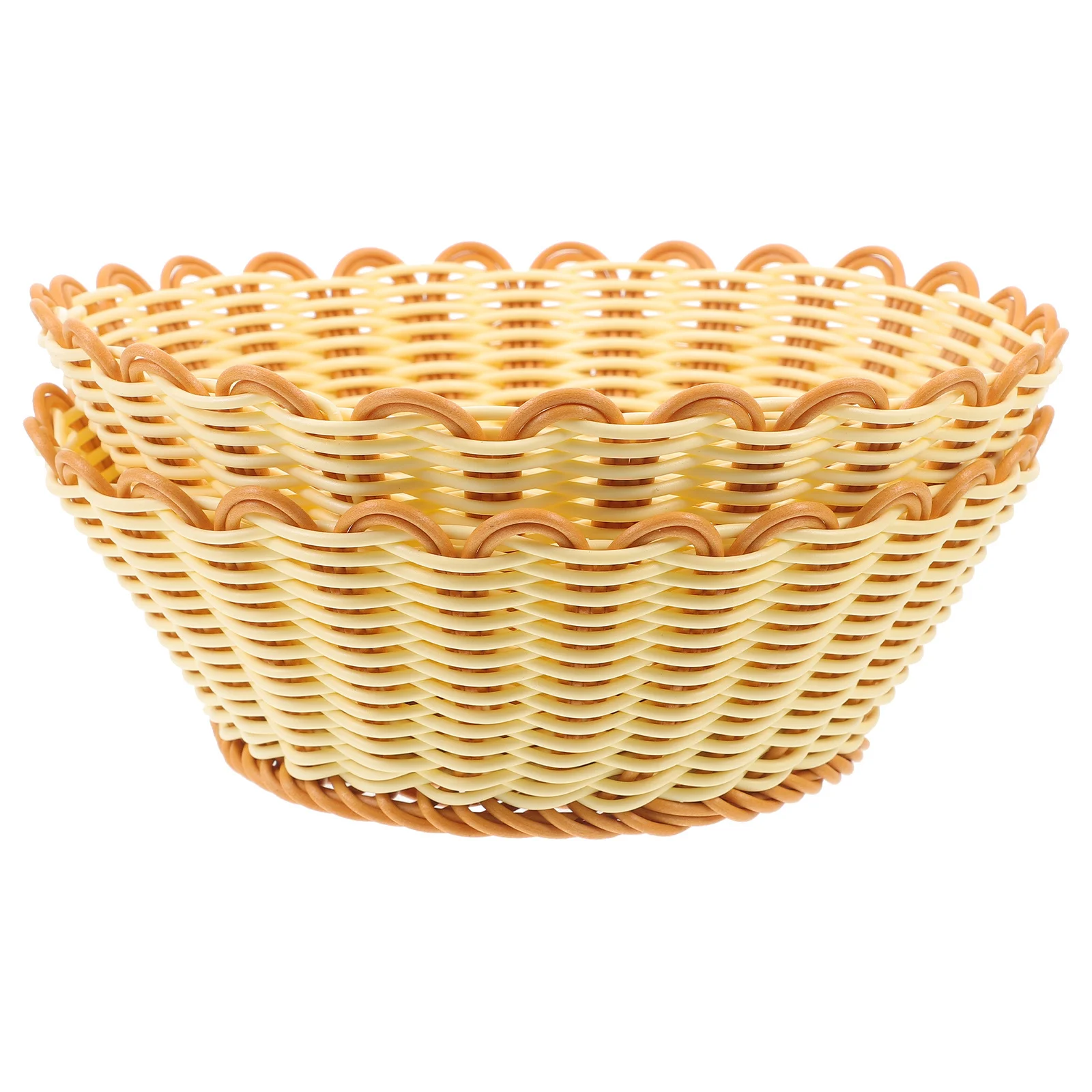 

2Pcs Retro Woven Imitation Rattan Basket Large Capacity Storage Tray for Fruits Snacks Bread Serving Tray Multi-Function Kitchen