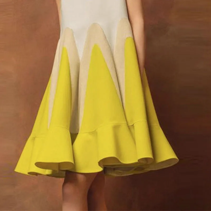 Elegancka sukienka mini w kontrastowych kolorach z falbankami, damska, codzienna, w stylu bohemy, bez rękawów, w kształcie litery A, na studniówkę, wiosenna, luźna, na wakacje.