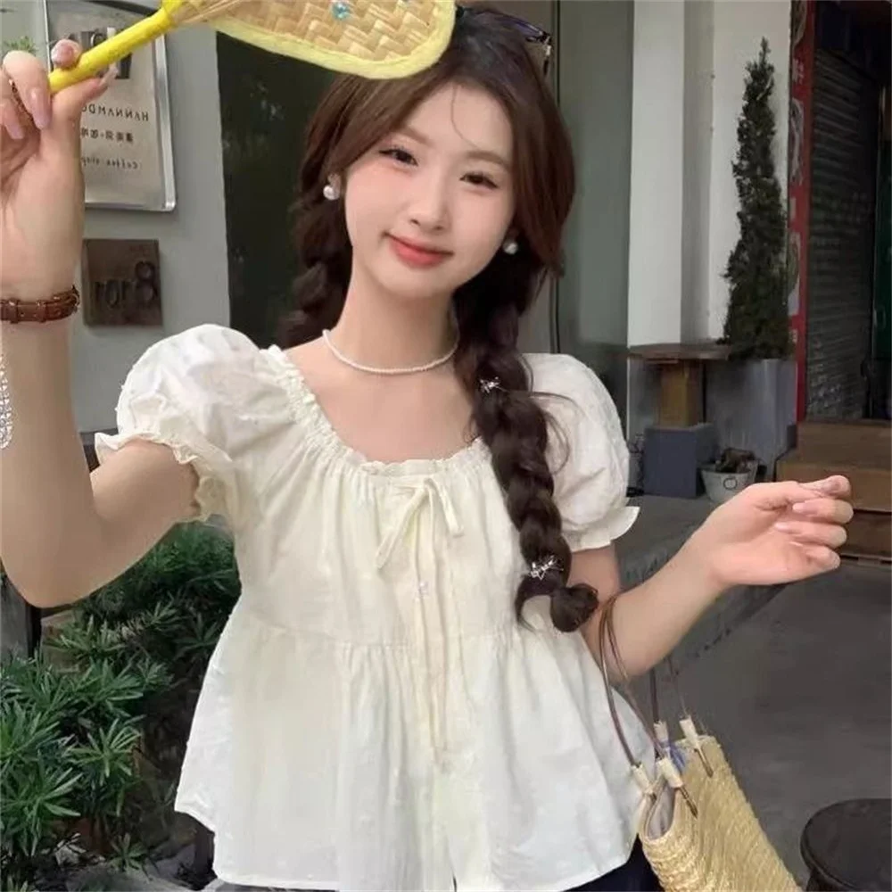 Cream Swiss Dot Puff Sleeve Blouse Women 2026 Summer Off Shoulder Tie Front Ruffled Peplum Top Casual Loose Cute Sweet Shirt Y2K